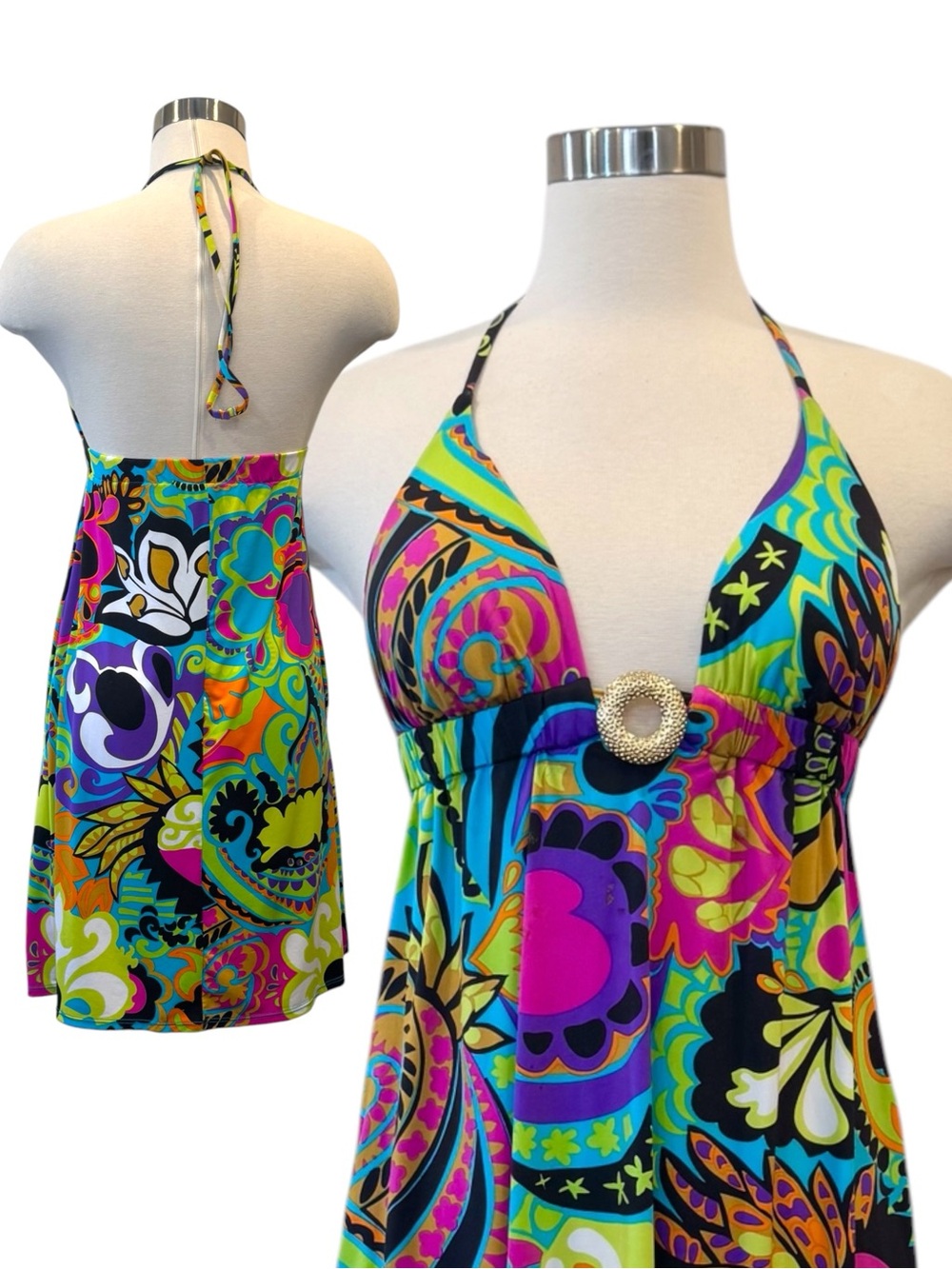 Trina Turk Bright Swirl Print Vibrant Halter Swim Dress Coverup Gold Hardware